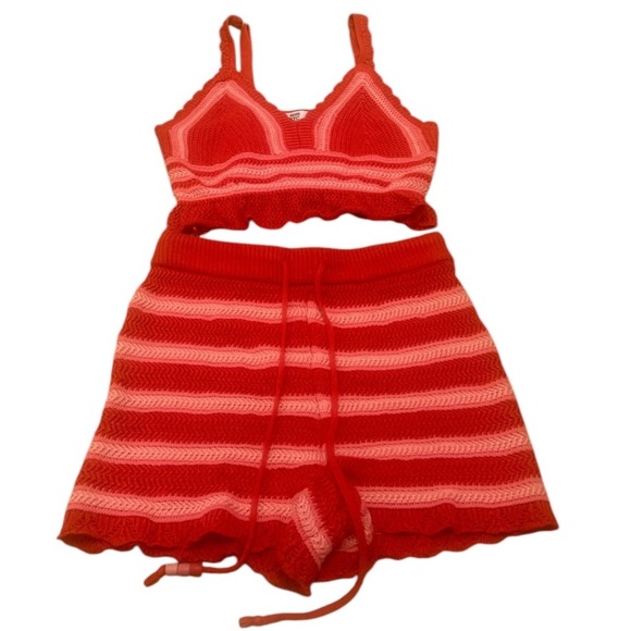 Madden NYC Red and White Striped crocheted 2 piece Romper - Picture 6 of 6